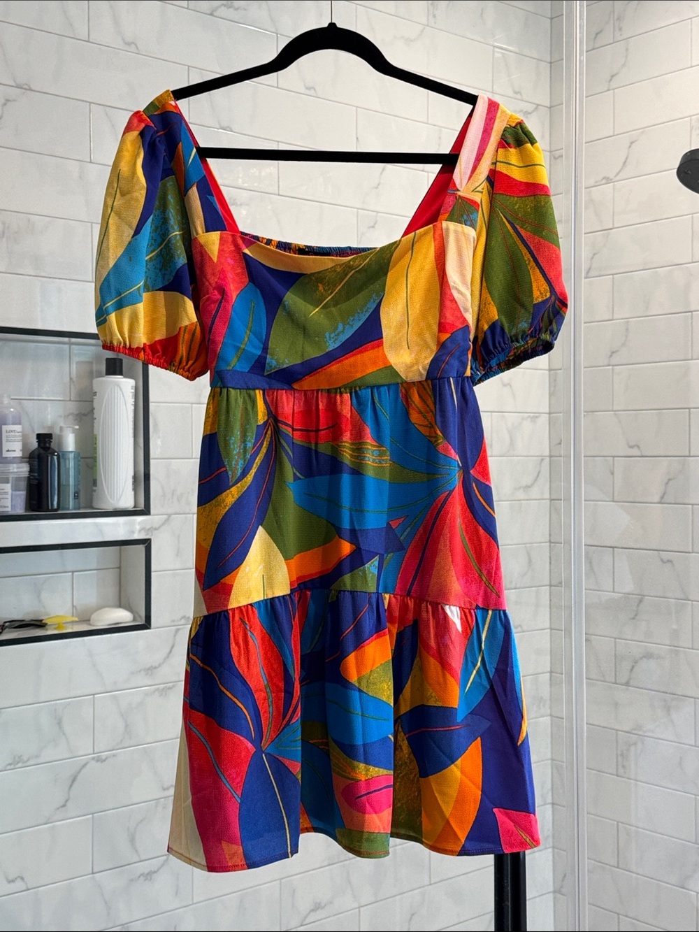 City Studio Multicolor Leaf-Print Puff Sleeve Mini Dress